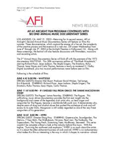 AFI at ArcLight’s 2nd Annual Music Documentary Series Page 1 of 3 NEWS RELEASE AFI AT ARCLIGHT FILM PROGRAM CONTINUES WITH SECOND ANNUAL MUSIC DOCUMENTARY SERIES