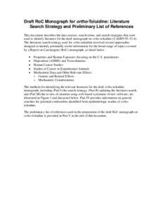 ortho-Toluidine: Literature Search Strategy and Preliminary List of References