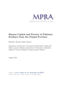 M PRA Munich Personal RePEc Archive Human Capital and Poverty in Pakistan: Evidence from the Punjab Province Sharafat Ali and Najid Ahmad