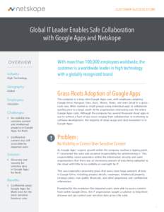CUSTOMER SUCCESS STORY  Global IT Leader Enables Safe Collaboration with Google Apps and Netskope OVERVIEW Industry: