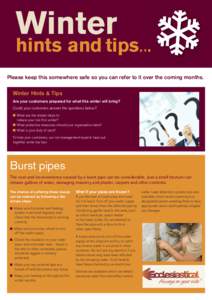 Winter  hints and tips... Please keep this somewhere safe so you can refer to it over the coming months.  Winter Hints & Tips