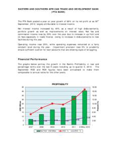 EASTERN AND SOUTHERN AFRICAN TRADE AND DEVELOPMENT BANK (PTA BANK) The PTA Bank posted a year on year growth of 66% on its net profit at as 30th September, 2012, largely attributable to interest income. Net interest inco