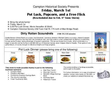 Campton Historical Society Presents  Friday, March 1st Pot Luck, Popcorn, and a Free Flick (Rescheduled due to Feb. 8th Snow Storm) 