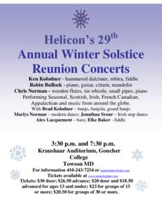 th  Helicon’s 29 Annual Winter Solstice Reunion Concerts Ken Kolodner - hammered dulcimer, mbira, fiddle