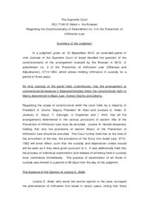 The Supreme Court HCJAdam v. the Knesset Regarding the Constitutionality of Amendment no. 3 to the Prevention of Infiltration Law  Summary of the Judgment
