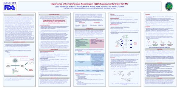 Abstract # 2640  Importance of Comprehensive Reporting of (Q)SAR Assessments Under ICH M7 Lidiya Stavitskaya, Barbara L. Minnier, Mark W. Powley, Neil R. Hartman, and Naomi L. Kruhlak FDA Center for Drug Evaluation and R