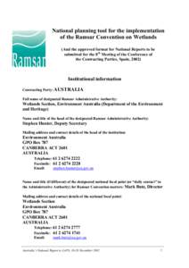 National planning tool for the implementation of the Ramsar Convention on Wetlands (And the approved format for National Reports to be submitted for the 8th Meeting of the Conference of the Contracting Parties, Spain, 20