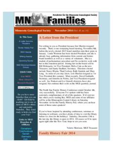     Minnesota Genealogical Society      NovemberVol. 45, no. 11) In This Issue A Letter from the