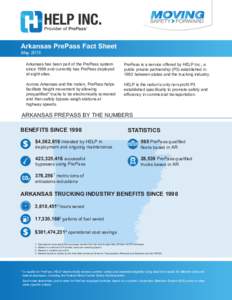 Arkansas PrePass Fact Sheet May 2016 Arkansas has been part of the PrePass system since 1998 and currently has PrePass deployed at eight sites.