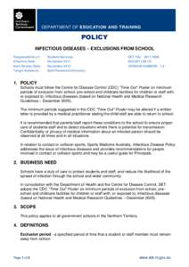 DEPARTMENT OF EMPLOYMENT, EDUCATION AND TRAINING  DEPARTMENT OF EDUCATION AND TRAINING POLICY INFECTIOUS DISEASES – EXCLUSIONS FROM SCHOOL