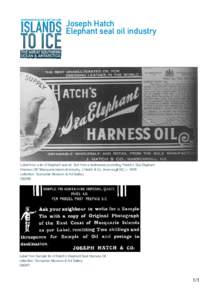 Joseph Hatch Elephant seal oil industry Label from a tin of Elephant seal oil. Text from a testimonial promoting “Hatch’s Sea Elephant Harness Oil” Macquarie Island oil industry, J Hatch & Co, Invercargill NZ, c 19
