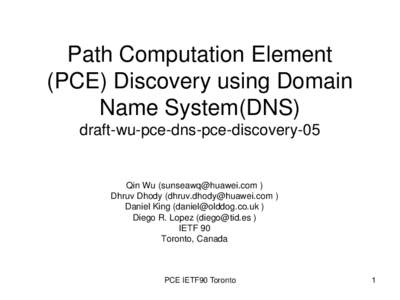 Path Computation Element (PCE) Discovery using Domain Name System(DNS) draft-wu-pce-dns-pce-discovery-05  Qin Wu ( )