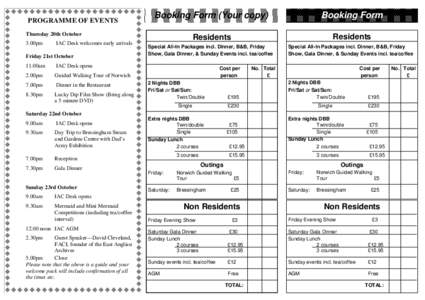 PROGRAMME OF EVENTS  Booking Form (Your copy) Booking Form