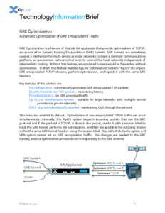 TechnologyInformationBrief GRE Optimization Automatic Optimization of GRE Encapsulated Traffic GRE Optimization is a feature of XipLink XA appliances that provide optimization of TCP/IP, encapsulated in Generic Routing E