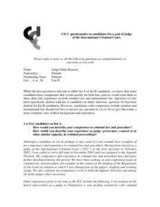 CICC questionnaire to candidates for a post of judge of the International Criminal Court.