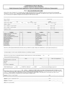 COMMONWEALTH OF VIRGINIA SCHOOL ENTRANCE HEALTH FORM Health Information Form/Comprehensive Physical Examination Report/Certification of Immunization Part I – HEALTH INFORMATION FORM State law (Ref. Code of Virginia § 