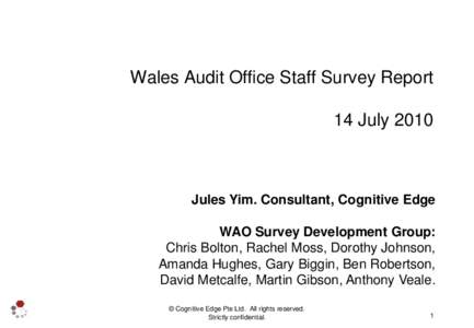 Wales Audit Office Staff Survey Report 14 July 2010 Jules Yim. Consultant, Cognitive Edge WAO Survey Development Group: Chris Bolton, Rachel Moss, Dorothy Johnson,