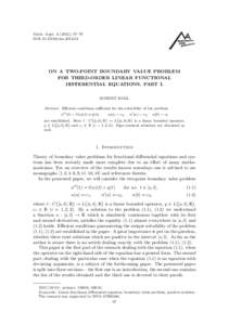 Math. Appl), 57–78 DOI: maON A TWO-POINT BOUNDARY VALUE PROBLEM FOR THIRD-ORDER LINEAR FUNCTIONAL DIFFERENTIAL EQUATIONS. PART I.