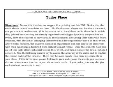 TUDOR PLACE HISTORIC HOUSE AND GARDEN  Tudor Place Directions: To use this timeline, we suggest first printing out this PDF. Notice that the event sheets do not have dates on them. Shuffle the event sheets and hand out t