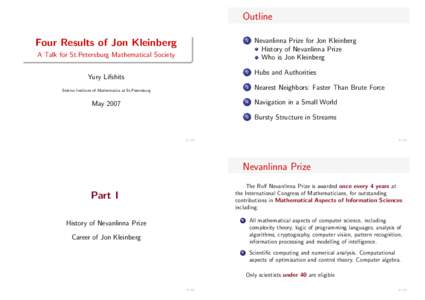 Outline Four Results of Jon Kleinberg 1  Nevanlinna Prize for Jon Kleinberg