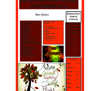 Bowerston Public Library Newsletter  NOVEMBER 2014 Best Sellers FICTION BEST SELLERS