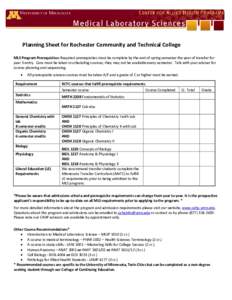 Planning Sheet for Rochester Community and Technical College MLS Program Prerequisites: Required prerequisites must be complete by the end of spring semester the year of transfer for year 3 entry. Care must be taken in s