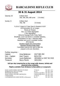 BARCALDINE RIFLE CLUB 30 & 31 August 2014 Saturday 30 8.00am Start 500, 500, 600, 600 yards