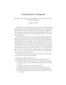 Cryptanalysis of Magenta Eli Biham, Alex Biryukov, Niels Ferguson, Lars R. Knudsen, Bruce Schneier, Adi Shamir August 20, 1998  Magenta is an encryption algorithm submitted for AES by Deutsche