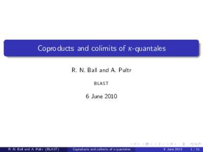 Coproducts and colimits of κ-quantales R. N. Ball and A. Pultr BLAST 6 June 2010