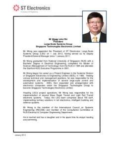 Mr Wong Loke Hin President Large-Scale Systems Group Singapore Technologies Electronics Limited Mr Wong was appointed the President of ST Electronics’ Large-Scale Systems Group (LSG) on 1 July 2012, having served as it