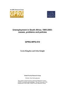 Unemployment in South Africa, : Causes, Problems and Policies