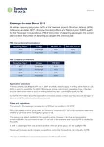 Passenger Increase Bonus 2015 All airlines operating scheduled traffic at the Swedavia airports Stockholm Arlanda (ARN), Göteborg Landvetter (GOT), Bromma Stockholm (BMA) and Malmö Airport (MMX) qualify for