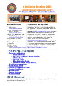 e-Bulletin October 2014 LIVERMORE-AMADOR GENEALOGICAL SOCIETY Web: http://www.L-AGS.org Twitter: http://www.twitter.com/lagsociety Elected Leadership
