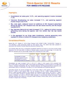 Third-Quarter 2010 Results FOR IMMEDIATE RELEASE Highlights  Consolidated net sales grew 12.3%, and operating segment income increased 11.9%