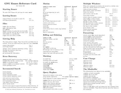 GNU Emacs Reference Card (for version 24) Starting Emacs To enter GNU Emacs 24, just type its name: emacs