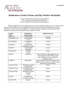 SCSRainfastness of Select Pasture and Hay Meadow Herbicides Vanessa Corriher-Olson, Extension Forage Specialist Paul A. Baumann, Extension Weed Specialist Larry A. Redmon, State Extension Forage Specialist