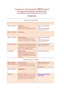 Programm der 3. Sommerakademie 2014 für Alumni der Pflegewissenschaftlichen Fakultät der PTHV von Montag, bis Mittwoch, Programm Erster Tag (Do)