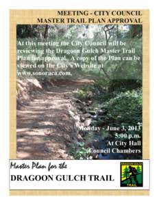 MEETING - CITY COUNCIL MASTER TRAIL PLAN APPROVAL At this meeting the City Council will be reviewing the Dragoon Gulch Master Trail Plan for approval. A copy of the Plan can be viewed on the City’s Website at