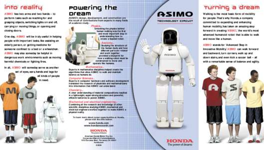 into reality reality into ASIMO has two arms and two hands – to perform tasks such as reaching for and grasping objects, switching lights on and off,