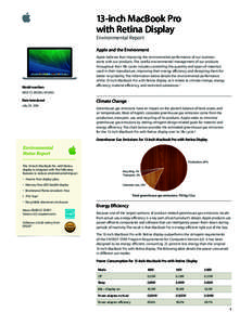 13-inch MacBook Pro   with Retina Display Environmental Report Apple and the Environment  Model numbers