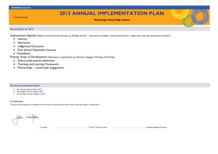 2013 ANNUAL IMPLEMENTATION PLAN  «SchoolLogoImage» Woodridge State High School