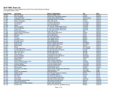 2016 TARC Team List This is a public list of teams registered for the 2016 Team America Rocketry Challenge. Last updated: March 9, 2016 Team Number