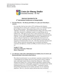 Sixth International Conference on Hmong Studies March 18-19, 2016 Abstracts submitted Abstracts Submitted for the 6 International Conference on Hmong Studies