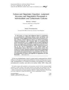 Organizational Behavior and Human Decision Processes Vol. 79, No. 3, September, pp. 248–269, 1999 Article ID obhd, available online at http://www.idealibrary.com on Culture and Negotiator Cognition: Judgment 