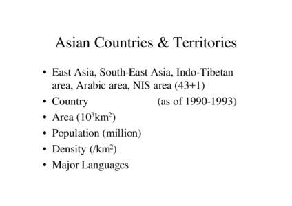 Asian Countries & Territories • East Asia, South-East Asia, Indo-Tibetan area, Arabic area, NIS area (43+1) • Country (as of) • Area (103km2)