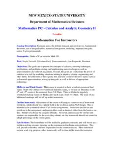NEW MEXICO STATE UNIVERSITY Department of Mathematical Sciences MathematicsCalculus and Analytic Geometry II 3 credits  Information For Instructors