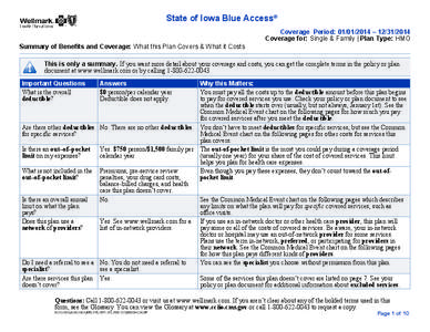State of Iowa Blue Access® Coverage Period: [removed] – [removed]Coverage for: Single & Family | Plan Type: HMO Summary of Benefits and Coverage: What this Plan Covers & What it Costs This is only a summary. If you