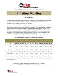 “Knowledge is too important to be left in the hands of the bosses”  Inflation Monitor CPI AT APRIL 2012 The headline Inflation rate at APRIL 2012 was 6.1 % year on year. The rate was 0.1% point lower than the corresp
