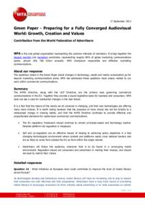 17 SeptemberGreen Paper - Preparing for a Fully Converged Audiovisual World: Growth, Creation and Values Contribution from the World Federation of Advertisers