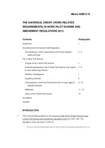 Memo ADMTHE UNIVERSAL CREDIT (WORK-RELATED REQUIREMENTS) IN WORK PILOT SCHEME AND AMENDMENT REGULATIONS 2015 Contents